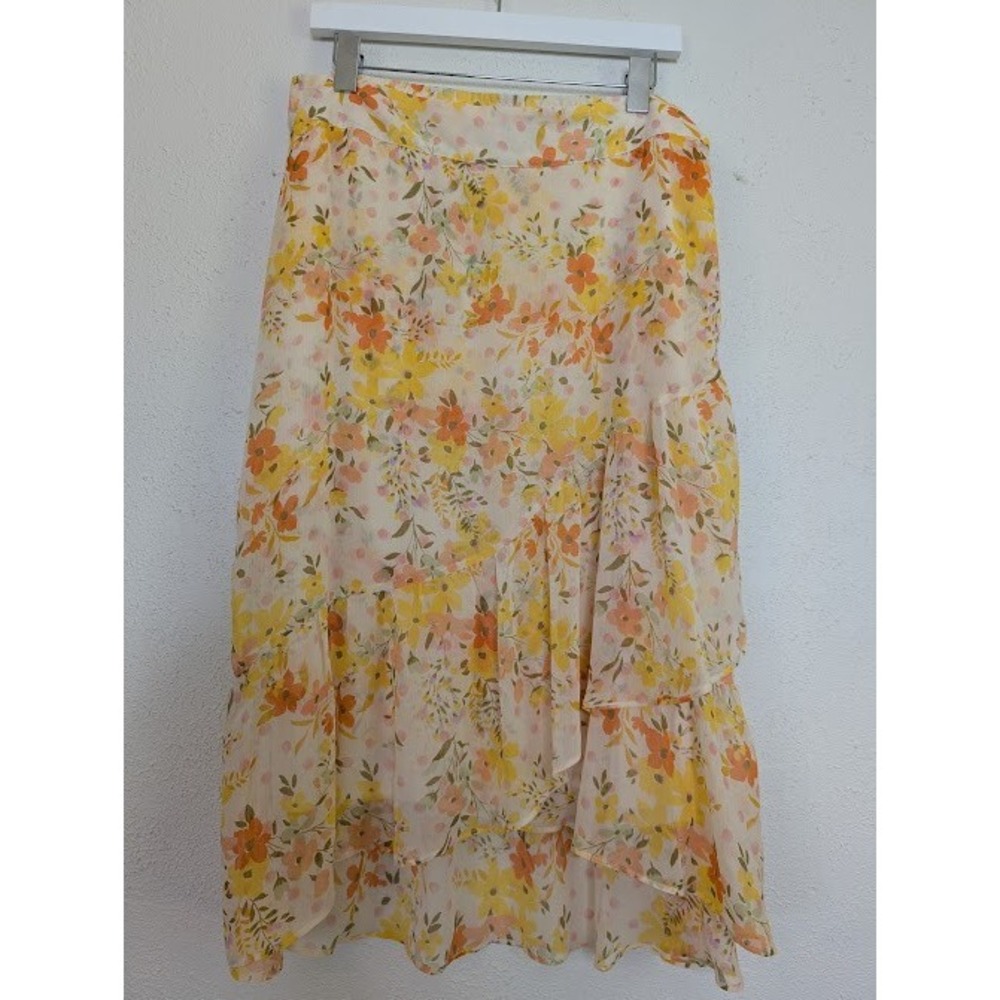 Lauren Conrad Womens Large Short Tiered Yellow Skirt Floral Sheer A-Line Fairy